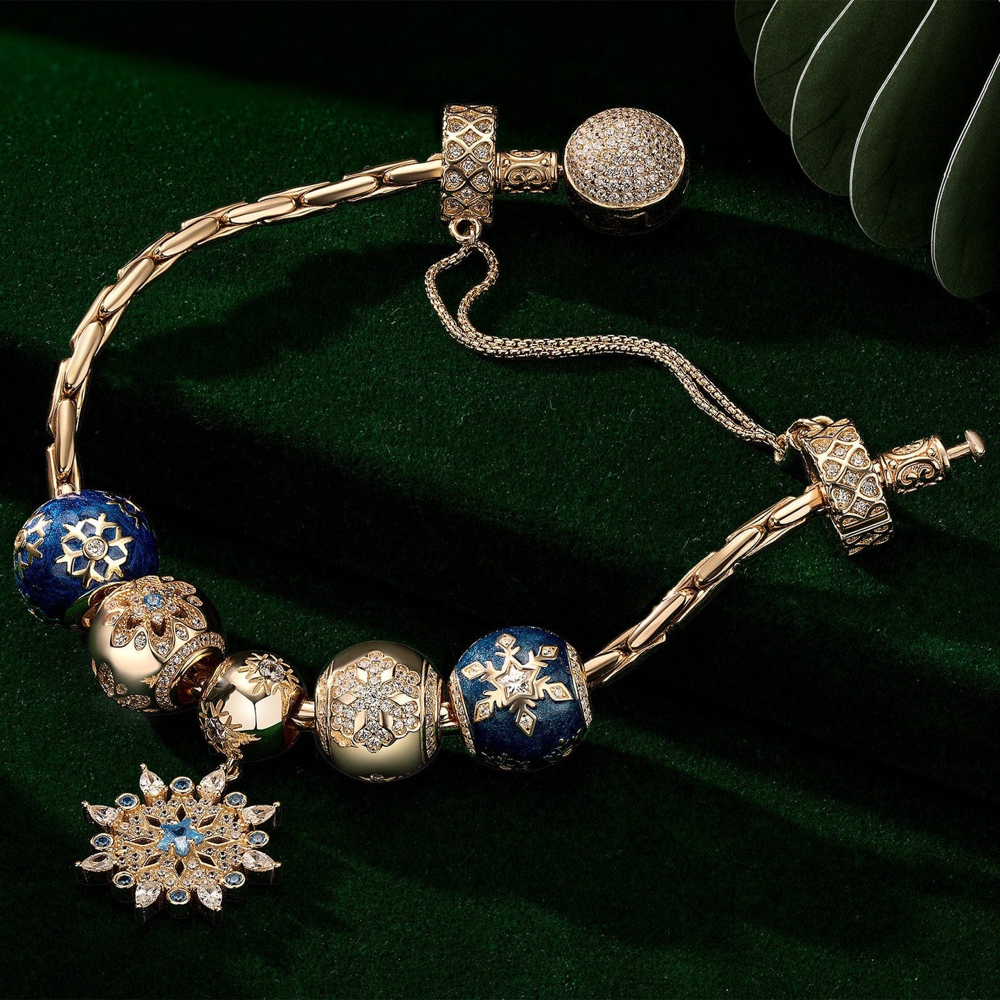 Sterling Silver Frosty Blue Snowflakes Charms Bracelet Set With Enamel In 14K Gold Plated