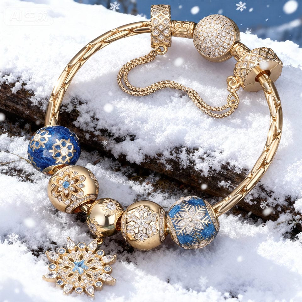 Sterling Silver Frosty Blue Snowflakes Charms Bracelet Set With Enamel In 14K Gold Plated (Includes bracelet and all charms shown)