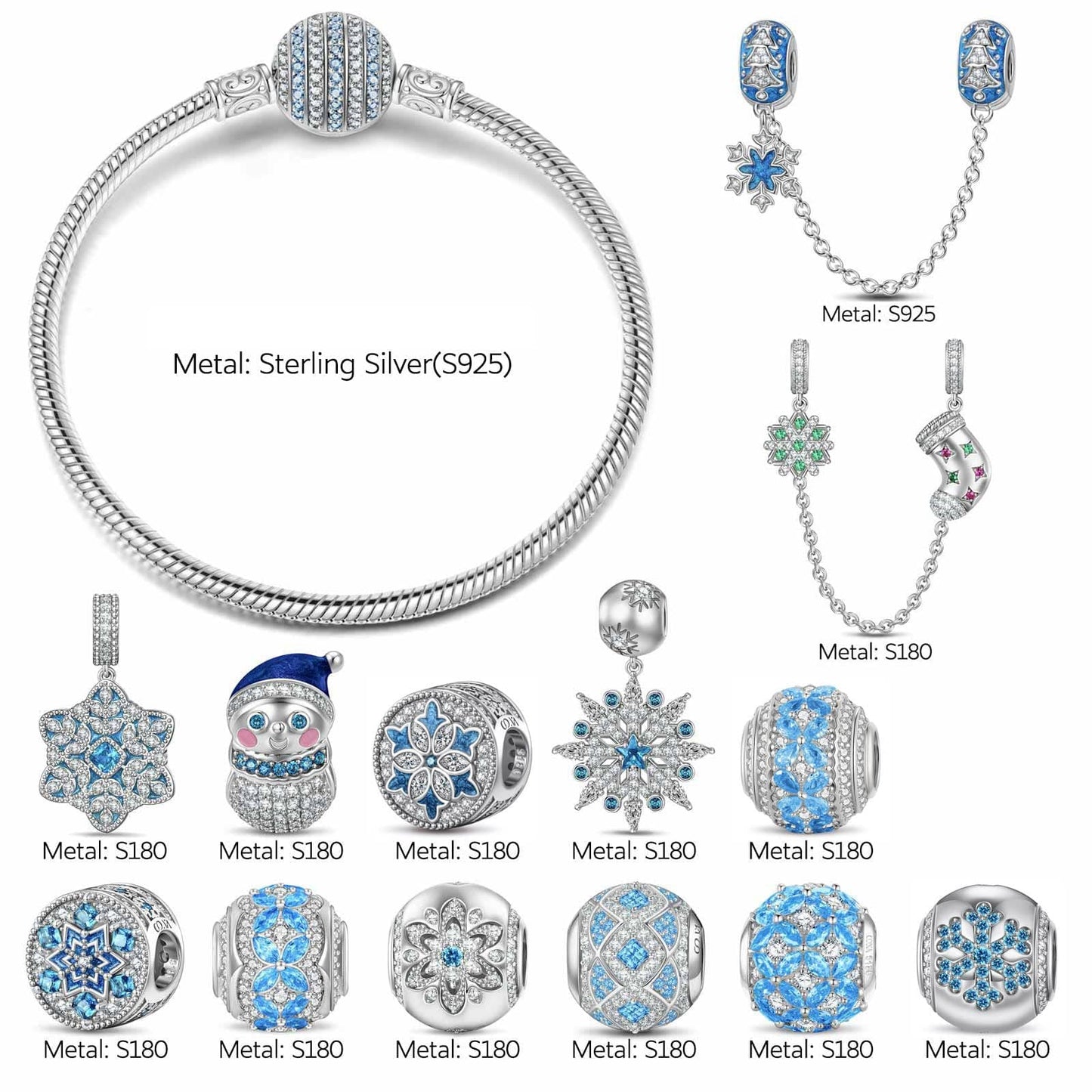 Sterling Silver Frosty Wonderland Charms Bracelet Set In White Gold Plated (Includes bracelet and all charms shown)