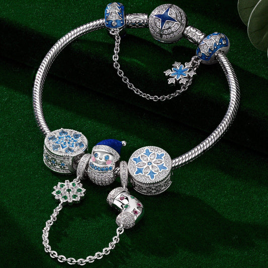 gona- Sterling Silver Adorable Christmas Snowman Charms Bracelet Set With Enamel In White Gold Plated (Includes bracelet and all charms shown)