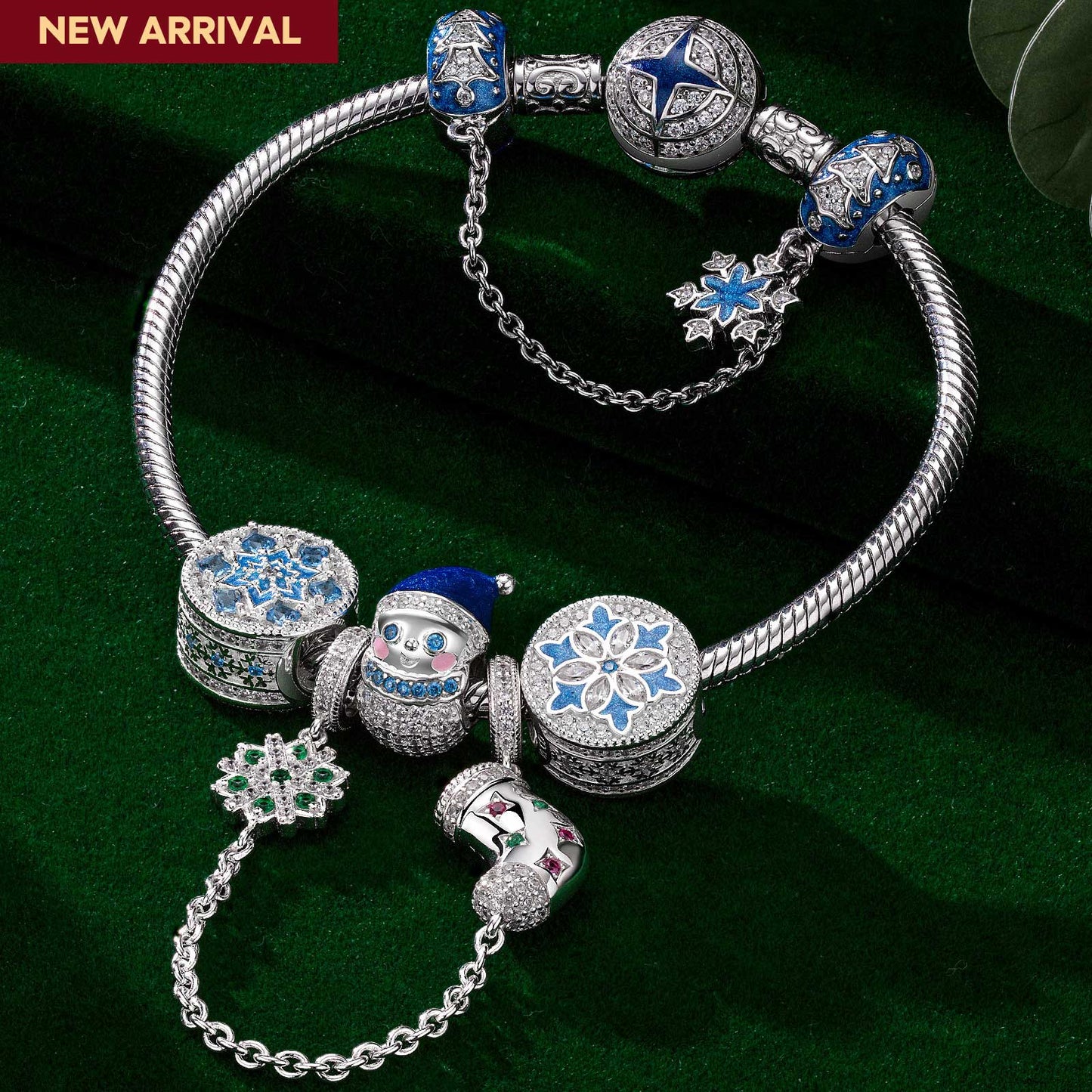 Sterling Silver Adorable Christmas Snowman Charms Bracelet Set With Enamel In White Gold Plated (Includes bracelet and all charms shown)