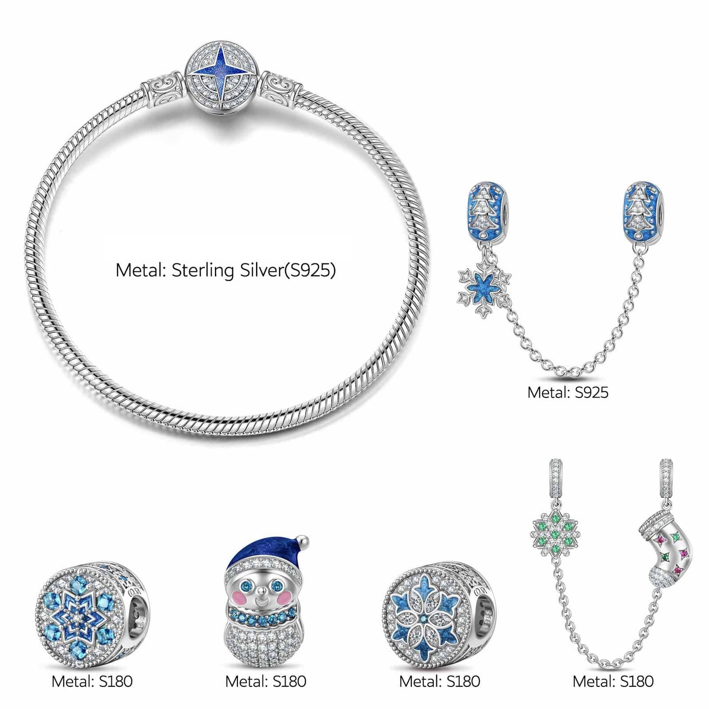 Sterling Silver Adorable Christmas Snowman Charms Bracelet Set With Enamel In White Gold Plated (Includes bracelet and all charms shown)