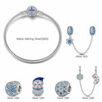 Sterling Silver Adorable Christmas Snowman Charms Bracelet Set With Enamel In White Gold Plated (Includes bracelet and all charms shown)