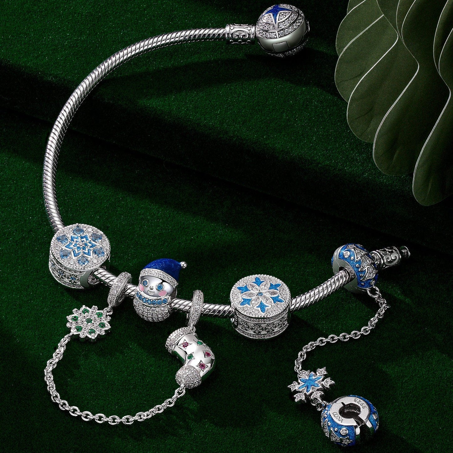 Sterling Silver Adorable Christmas Snowman Charms Bracelet Set With Enamel In White Gold Plated