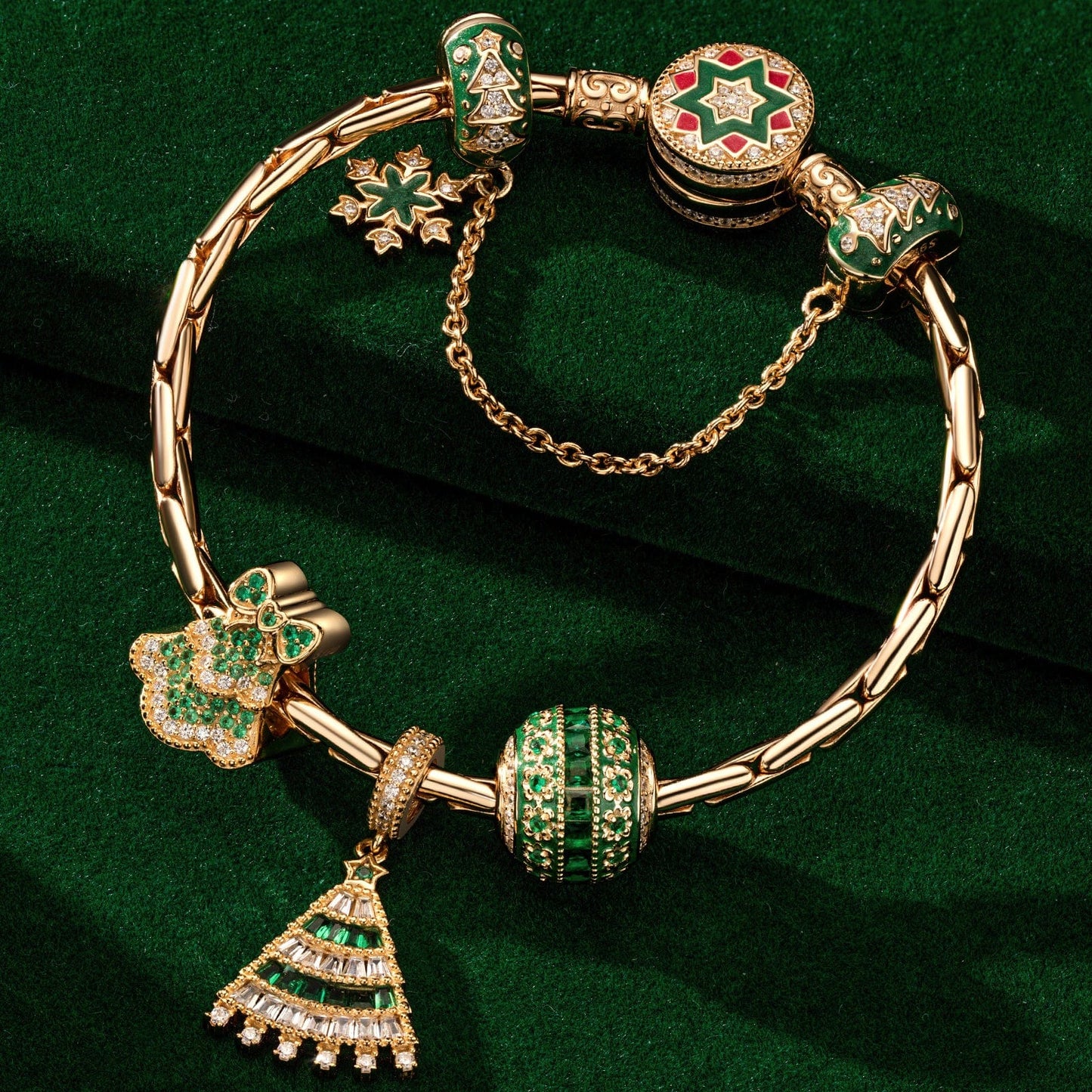 Sterling Silver Emerald Festive Tree Charms Bracelet Set In 14K Gold Plated (Includes bracelet and all charms shown)