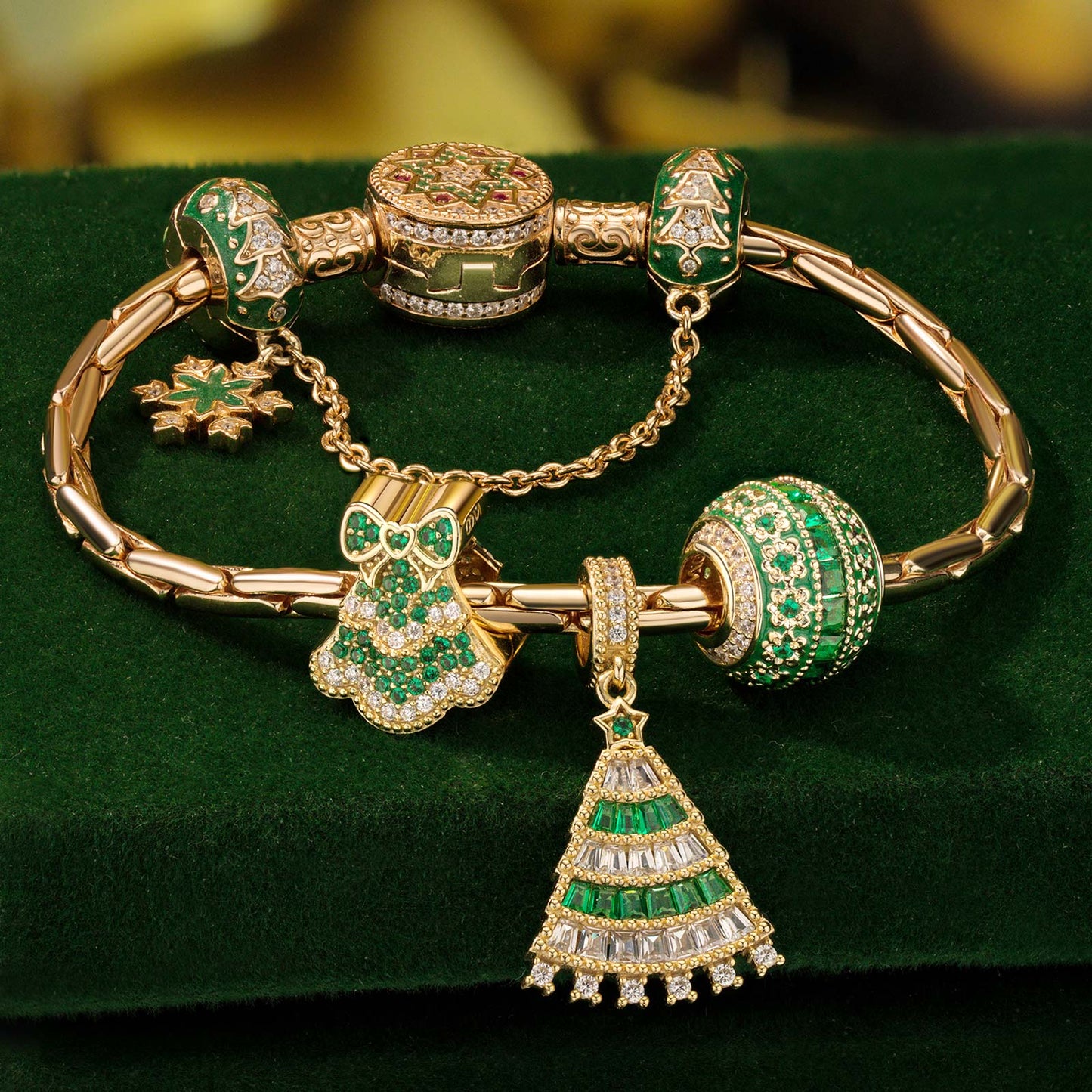 Sterling Silver Emerald Festive Tree Charms Bracelet Set In 14K Gold Plated (Includes bracelet and all charms shown)