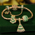 Sterling Silver Emerald Festive Tree Charms Bracelet Set In 14K Gold Plated (Includes bracelet and all charms shown)