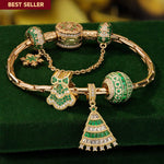 Sterling Silver Emerald Festive Tree Charms Bracelet Set In 14K Gold Plated (Includes bracelet and all charms shown)