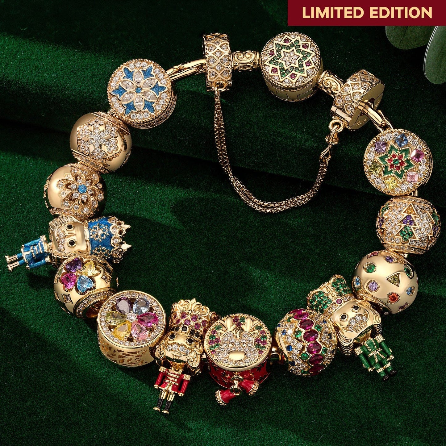 Sterling Silver Merry Sentinel of Colors Charms Bracelet Set With Enamel In 14K Gold Plated (Includes bracelet and all charms shown)