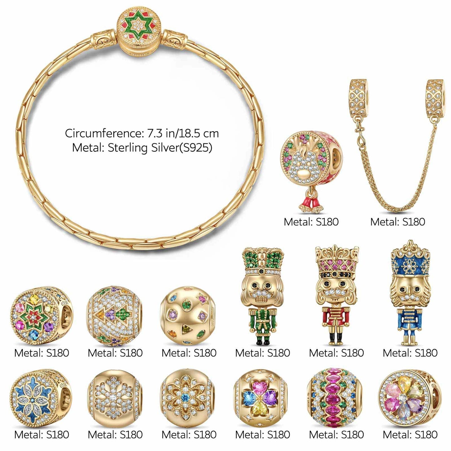 Sterling Silver Merry Sentinel of Colors Charms Bracelet Set With Enamel In 14K Gold Plated (Includes bracelet and all charms shown)