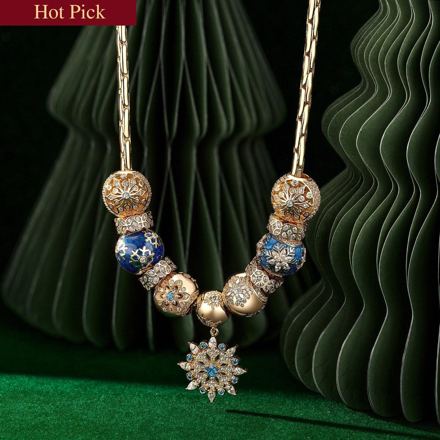 Sterling Silver Splendid Snowfall Charms Necklace Set With Enamel In 14K Gold Plated