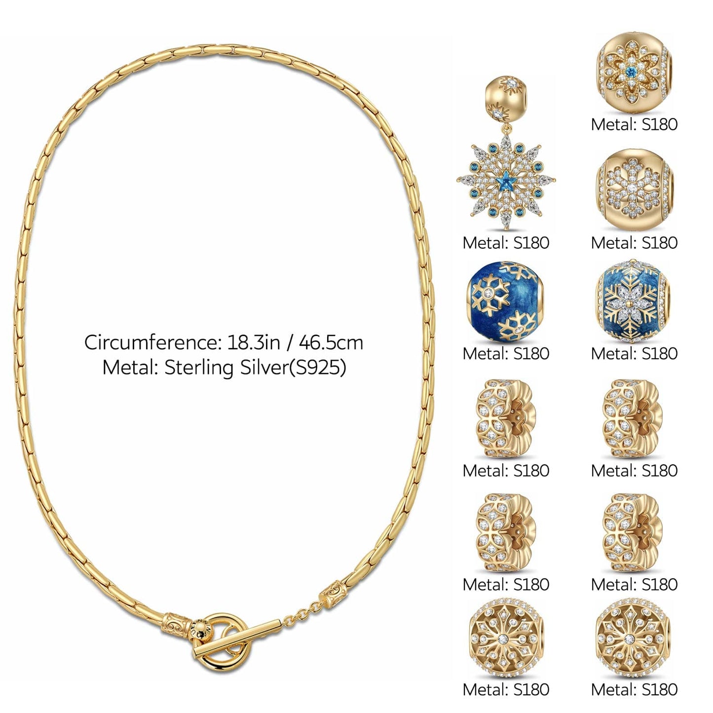 Sterling Silver Splendid Snowfall Charms Necklace Set With Enamel In 14K Gold Plated