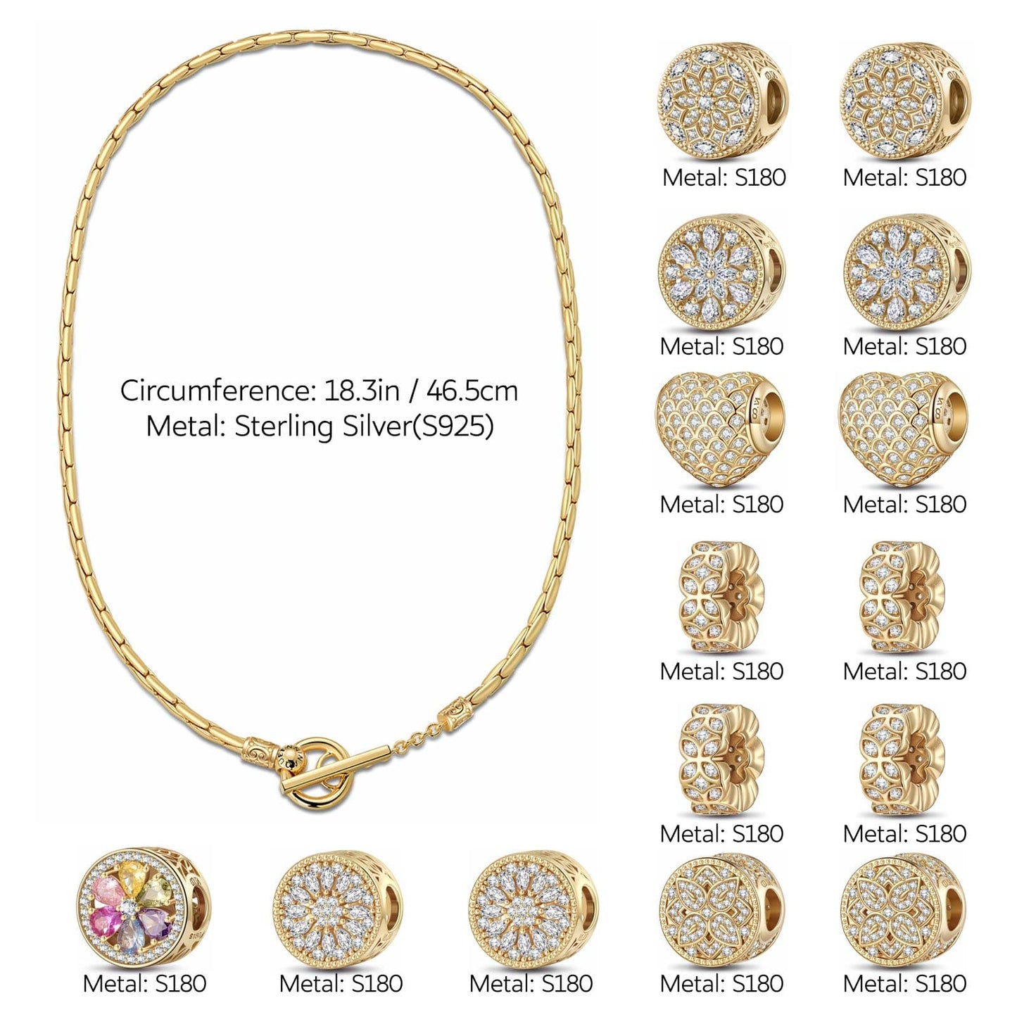 Sterling Silver Golden Snowfall Charms Necklace Set In 14K Gold Plated