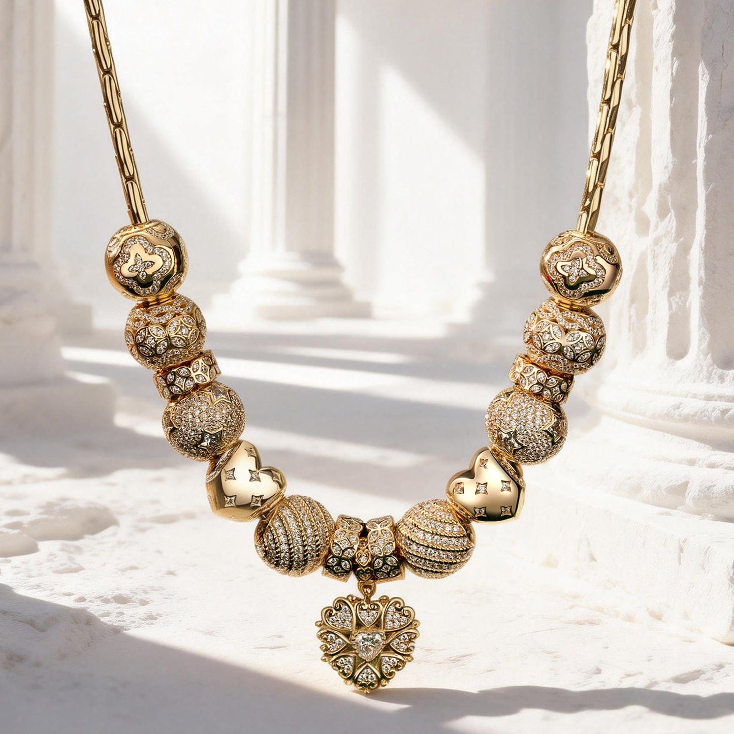 Sterling Silver Gleaming Heartful Treasures Charms Necklace Set In 14K Gold Plated