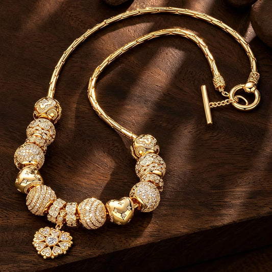 gona- Sterling Silver Gleaming Heartful Treasures Charms Necklace Set In 14K Gold Plated
