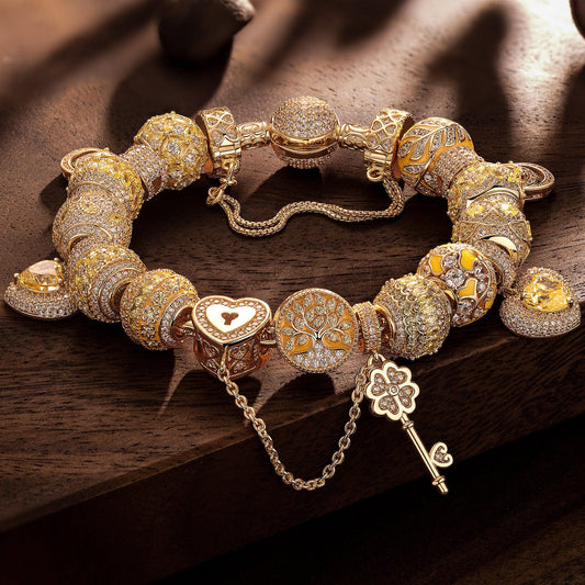 gona- Sterling Silver Amber Autumn Charms Bracelet Set With Enamel In 14K Gold Plated (Includes bracelet and all charms shown)