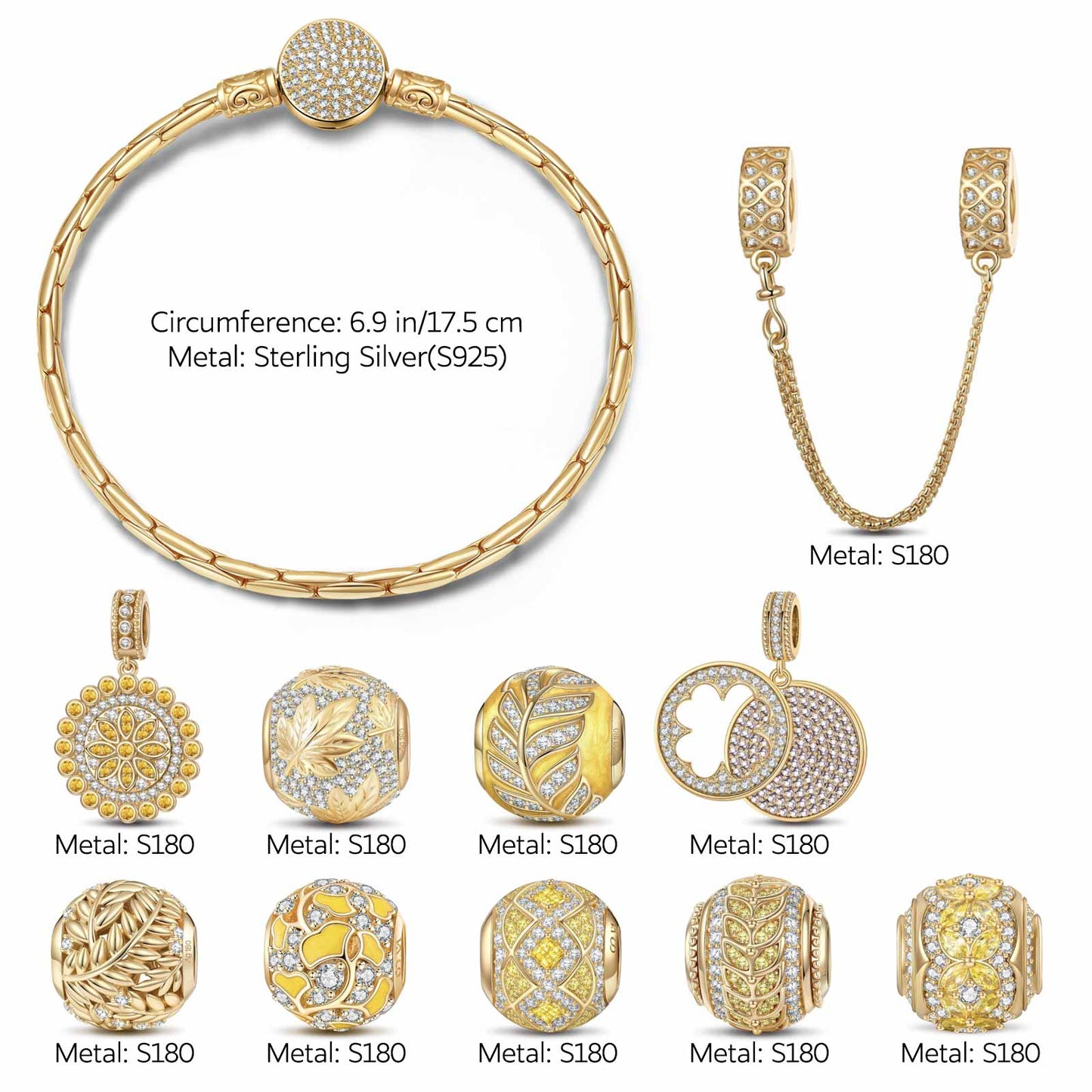 Sterling Silver Sunlit Fall Charms Bracelet Set With Enamel In 14K Gold Plated