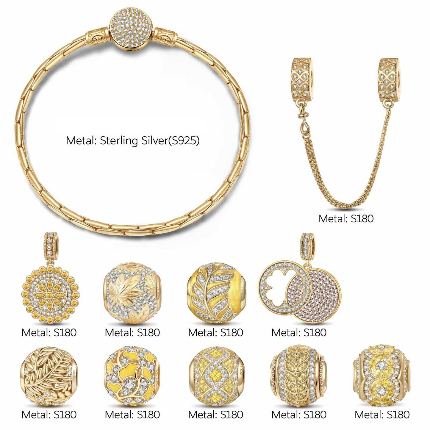 Sterling Silver Sunlit Fall Charms Bracelet Set With Enamel In 14K Gold Plated (Includes bracelet and all charms shown)
