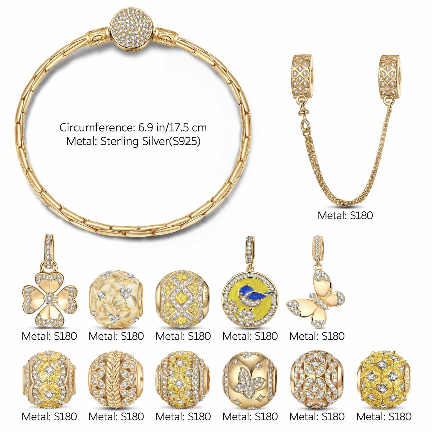 Sterling Silver Picturesque Autumn Charms Bracelet Set With Enamel In 14K Gold Plated