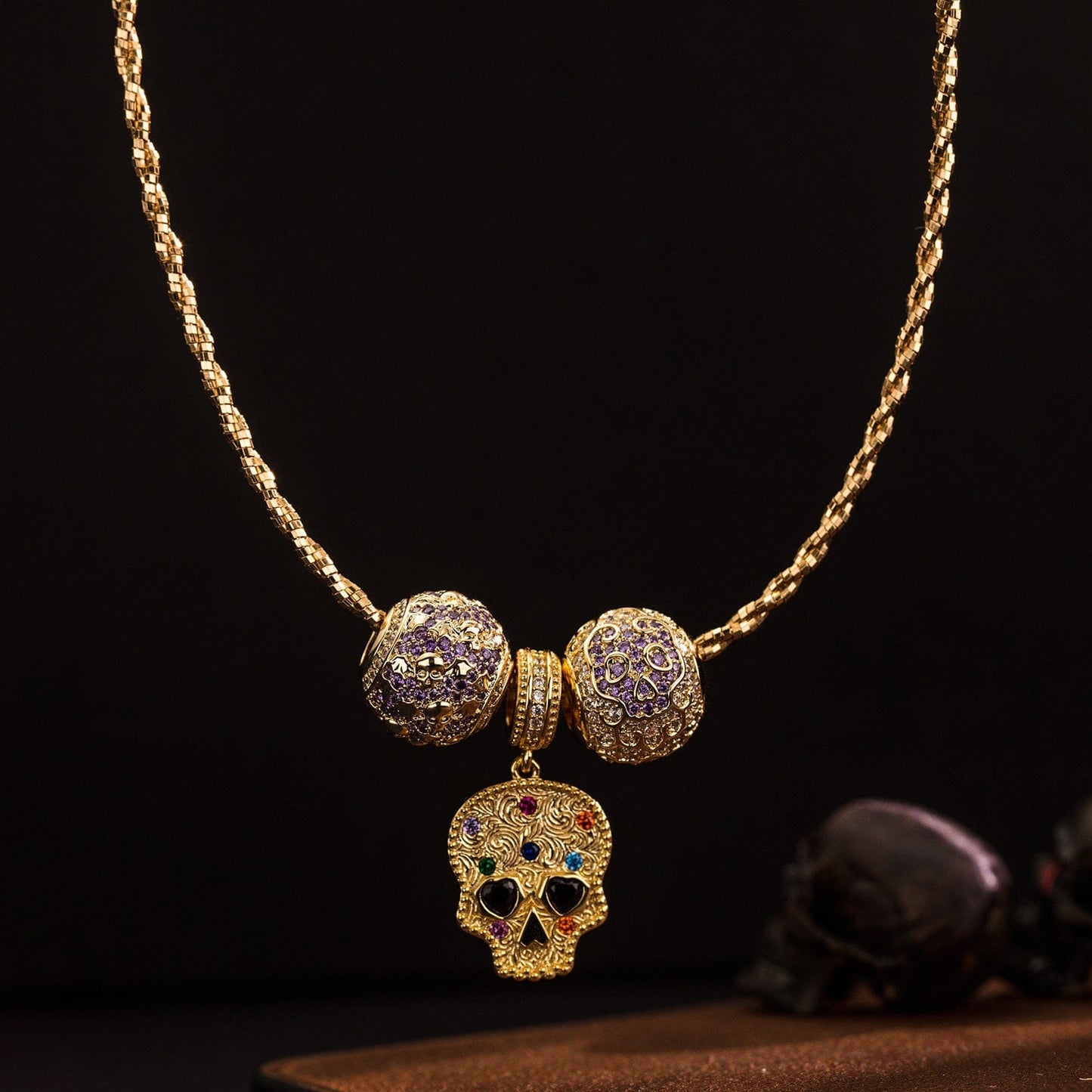 Sterling Silver Amethyst Skull Charms Necklace Set In 14K Gold Plated