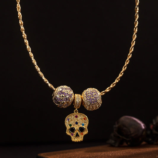 gon- Sterling Silver Amethyst Skull Charms Necklace Set In 14K Gold Plated