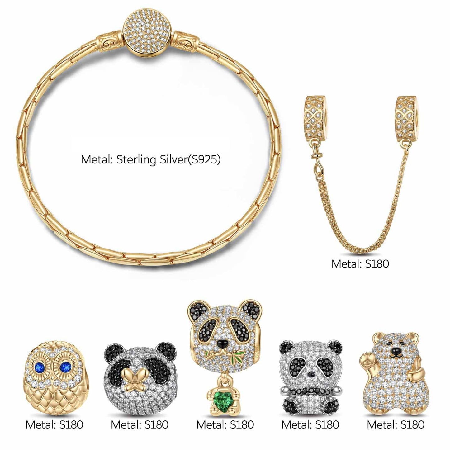 Sterling Silver Arctic & Bamboo Beauties Charms Bracelet Set, Featuring Dual Plating in 14K Gold and White Gold (Includes bracelet and all charms shown)