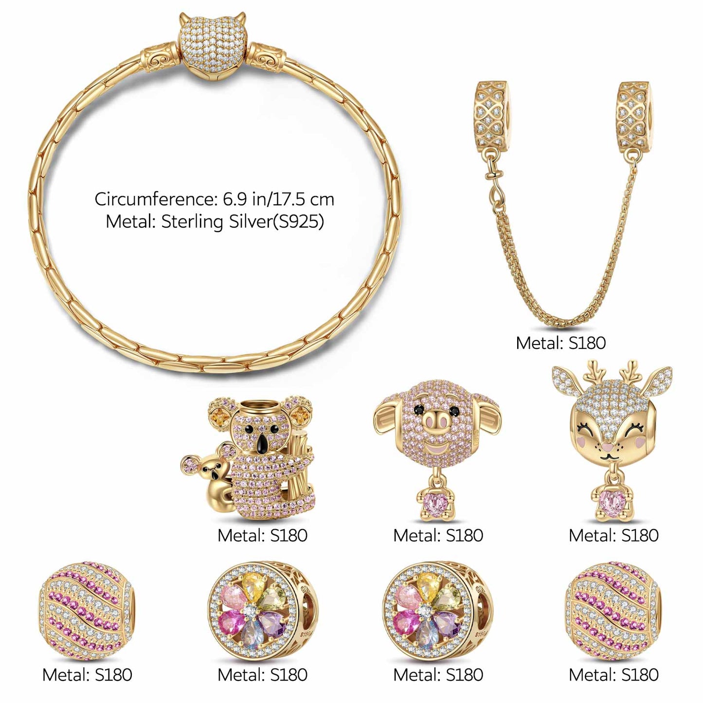 Sterling Silver Fairytale Fores Charms Bracelet Set In 14K Gold Plated