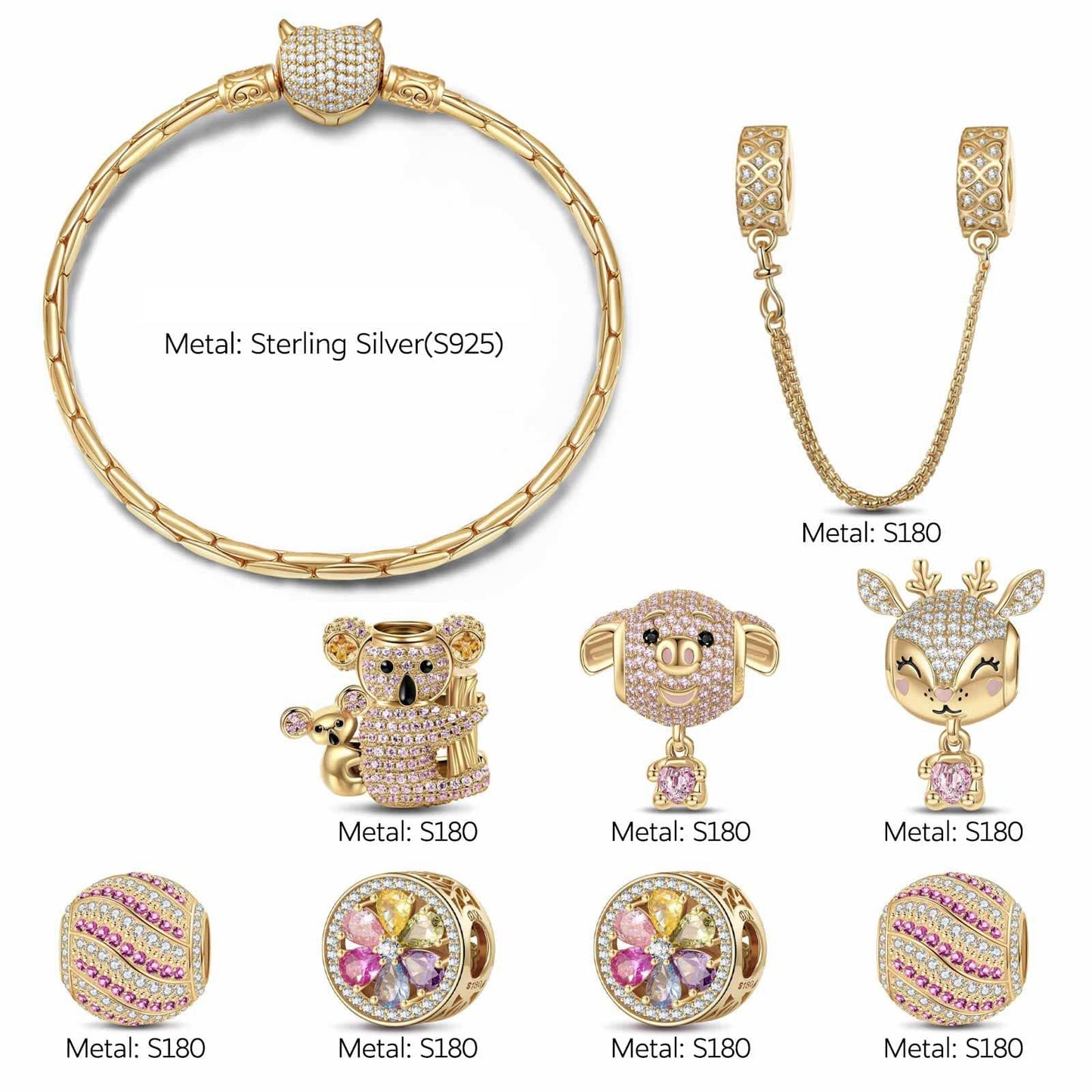 Sterling Silver Fairytale Fores Charms Bracelet Set In 14K Gold Plated (Includes bracelet and all charms shown)