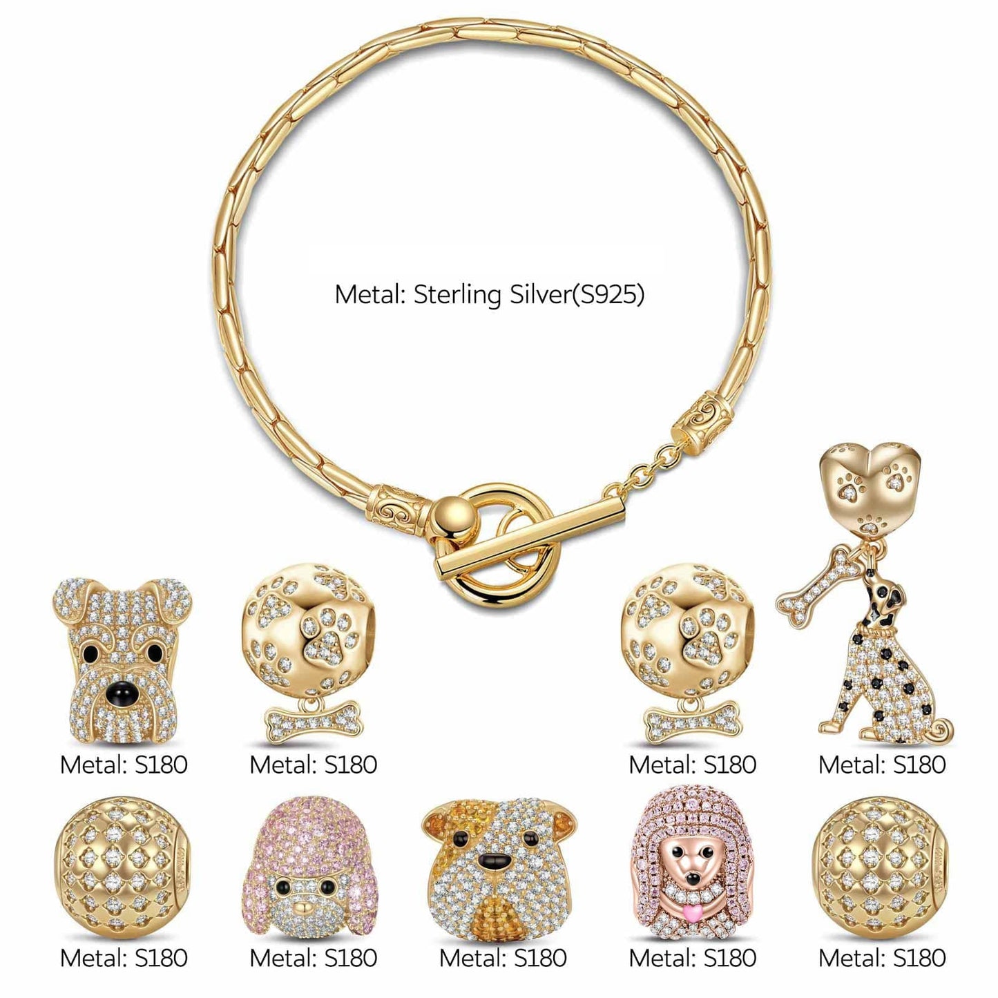 Sterling Silver Pawsome Pals Charms Bracelet Set In 14K Gold Plated (Includes bracelet and all charms shown)