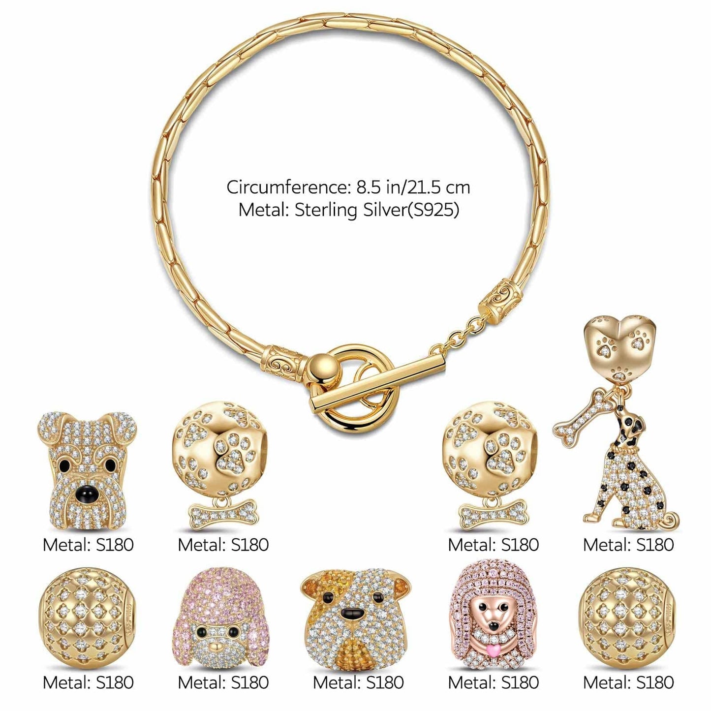 Sterling Silver Pawsome Pals Charms Bracelet Set In 14K Gold Plated (Includes bracelet and all charms shown)