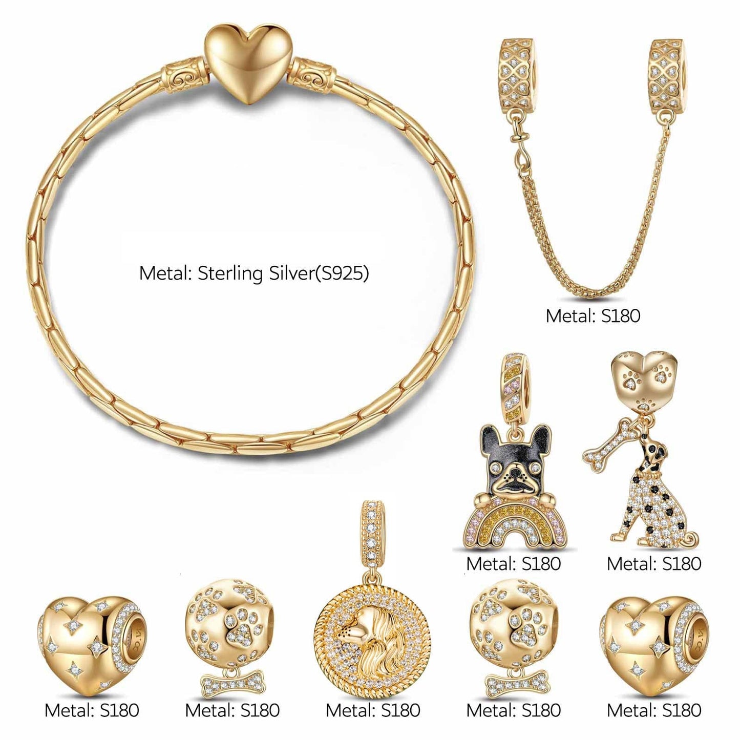 Sterling Silver Doggy Delight Charms Bracelet Set In 14K Gold Plated (Includes bracelet and all charms shown)