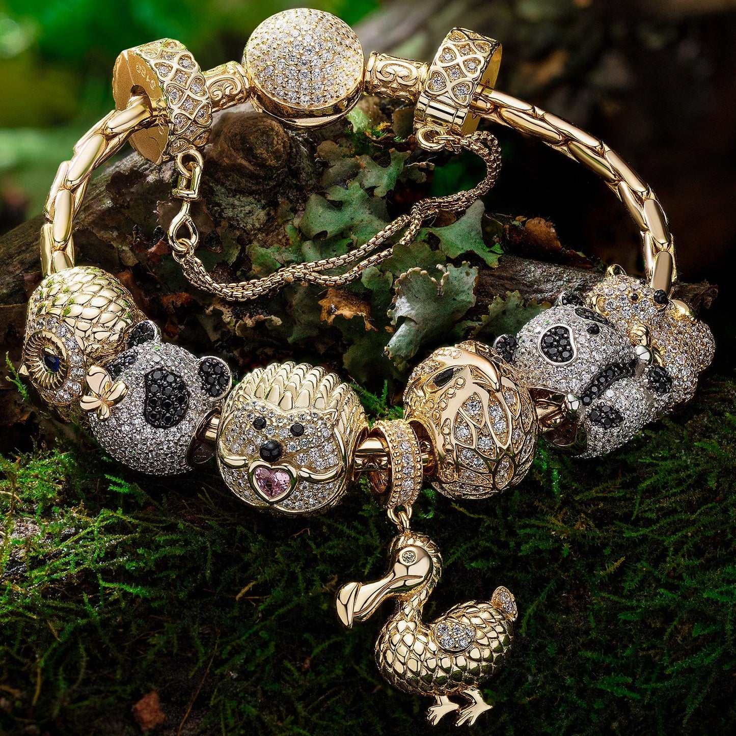 Sterling Silver Enchanting Fauna Charms Bracelet Set, Featuring Dual Plating in 14K Gold and White Gold