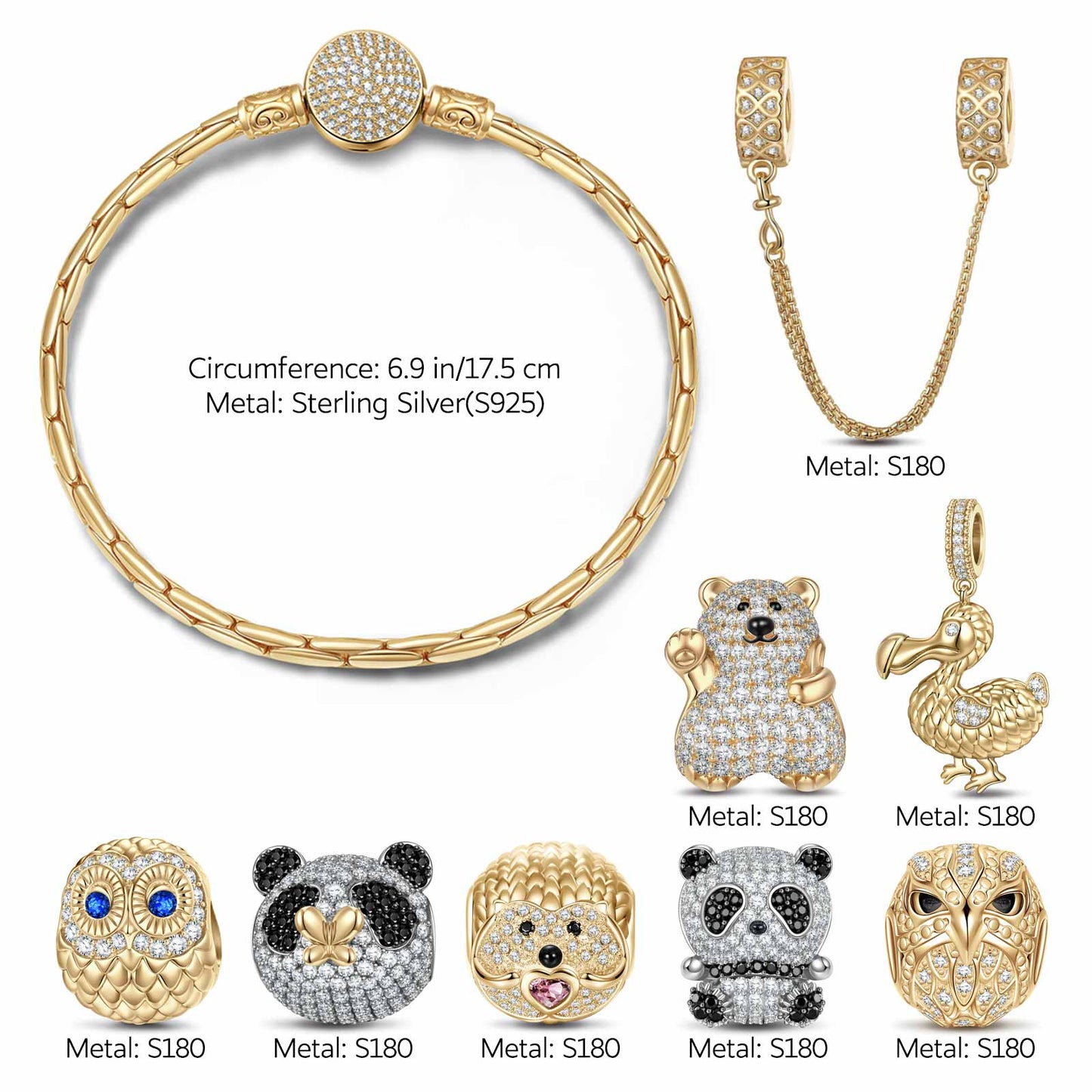 Sterling Silver Enchanting Fauna Charms Bracelet Set, Featuring Dual Plating in 14K Gold and White Gold