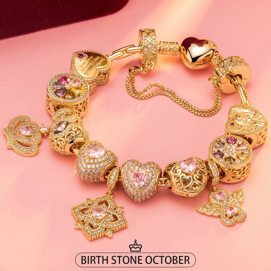 gona- Sterling Silver My Princess October Birthstone Charms Bracelet Set In 14K Gold Plated (Includes bracelet and all charms shown)