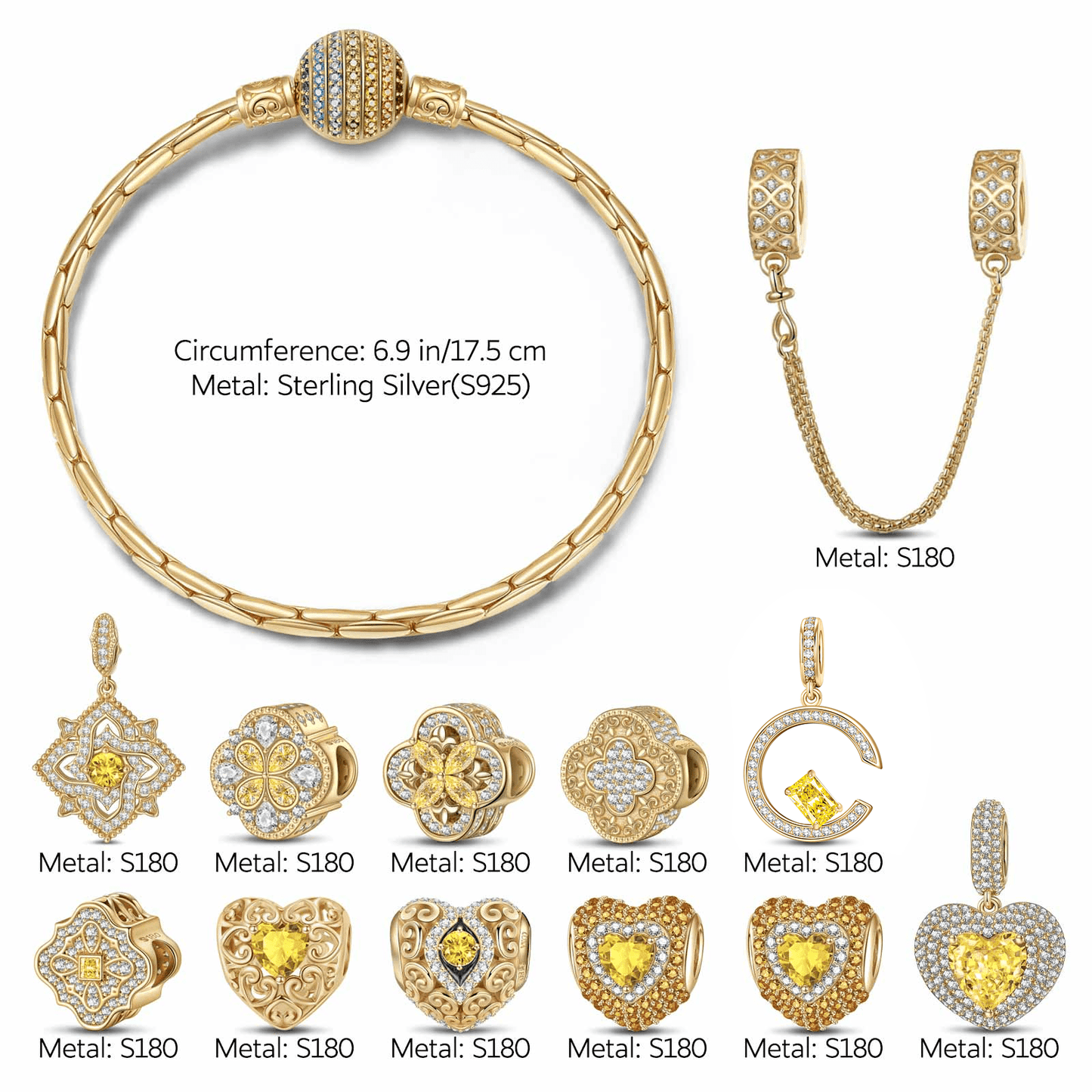 Sterling Silver Song of Radiance November Birthstone Charms Bracelet Set In 14K Gold Plated (Includes bracelet and all charms shown)