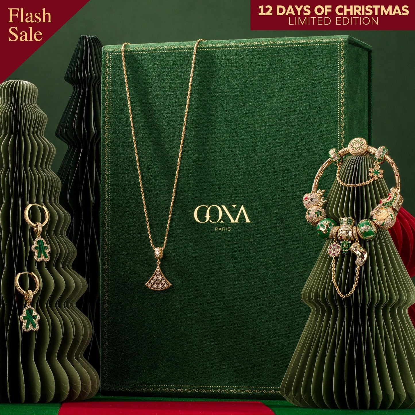 Black Friday Limited Special - The Iconic Advent Calendar - 12 Days Of Christmas Fine Jewelry Gift Set: Sterling Silver Evergreen Cheer Charms Earrings and Necklace and Bracelet Set With Enamel In 14K Gold Plated