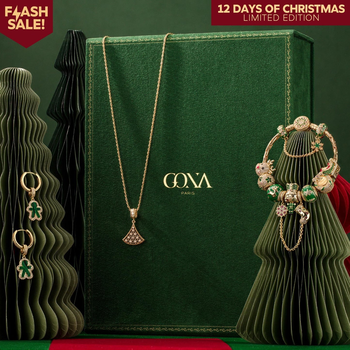 Cyber Monday Limited Special - The Iconic Advent Calendar - 12 Days Of Christmas Fine Jewelry Gift Set: Sterling Silver Evergreen Cheer Charms Earrings and Necklace and Bracelet Set With Enamel In 14K Gold Plated