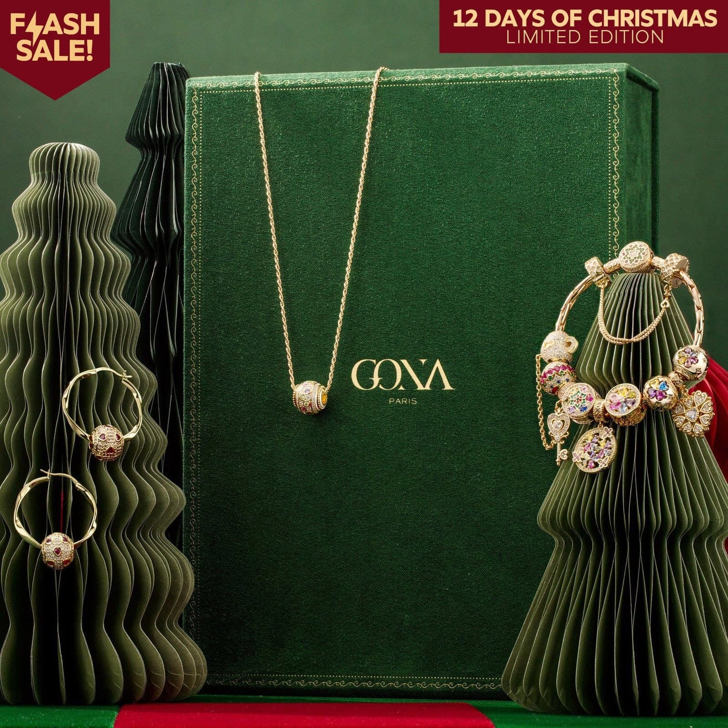 Limited Edition - The Iconic Advent Calendar - 12 Days Of Christmas Fine Jewelry Gift Set: Sterling Silver Petal Delight Charms Earrings and Necklace and Bracelet Set With Enamel In 14K Gold Plated