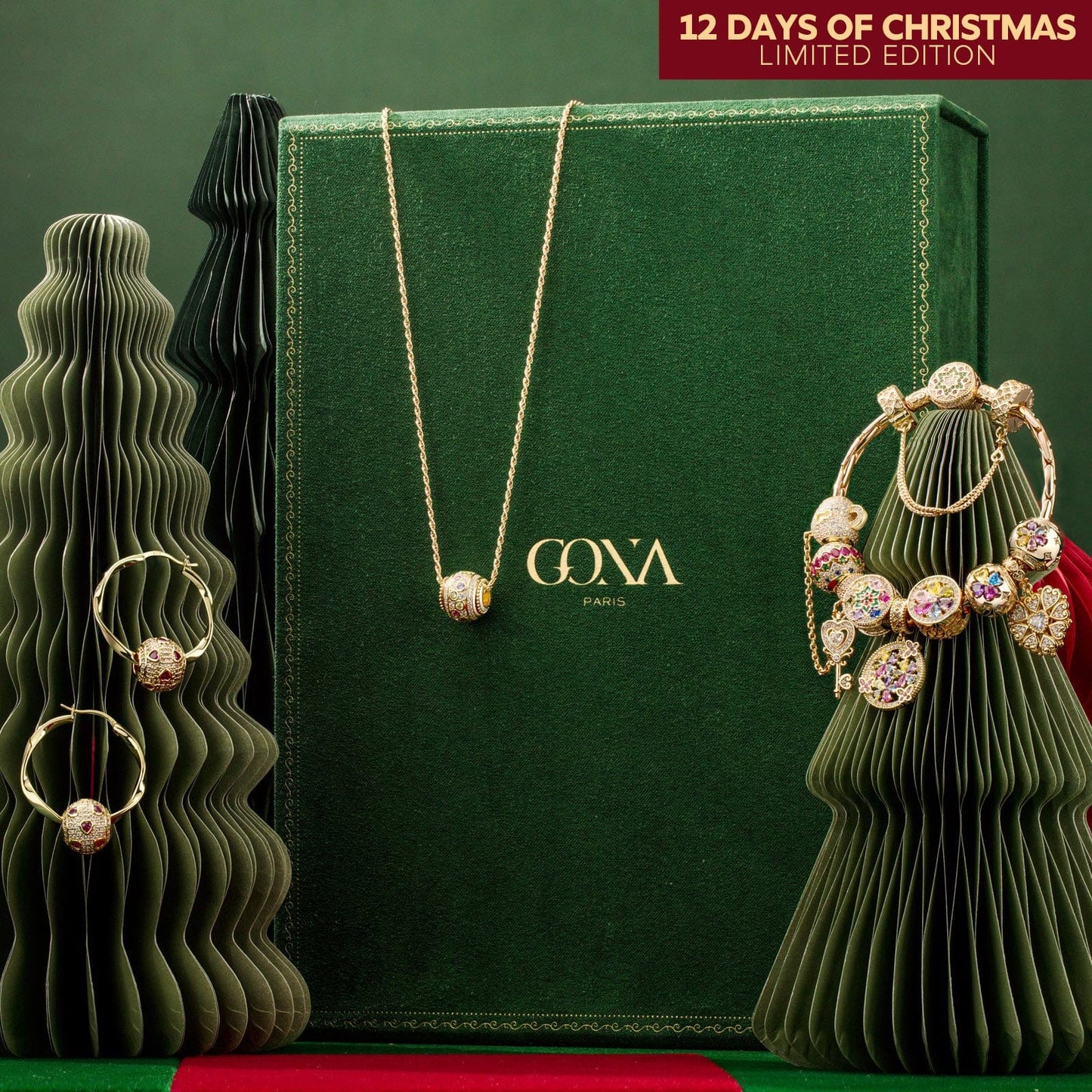 Limited Edition - The Iconic Advent Calendar - 12 Days Of Christmas Fine Jewelry Gift Set: Sterling Silver Petal Delight Charms Earrings and Necklace and Bracelet Set With Enamel In 14K Gold Plated