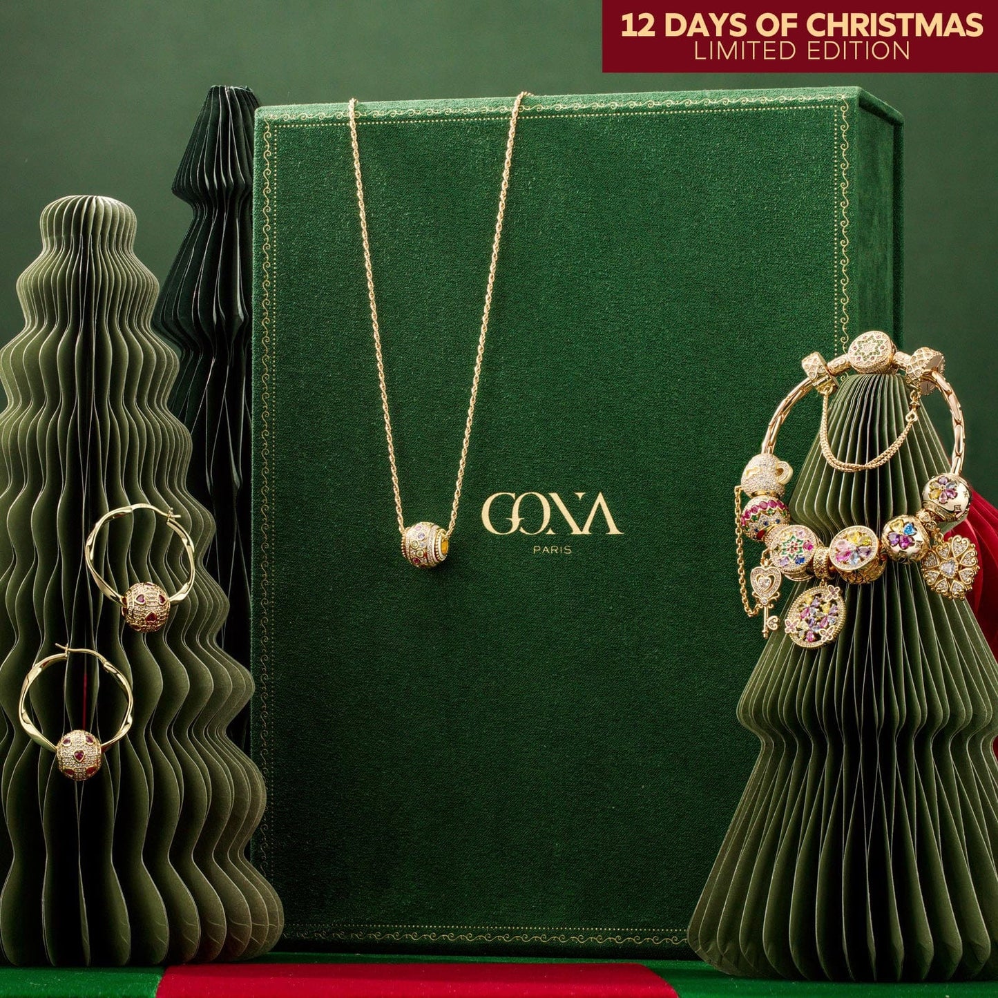Limited Edition - The Iconic Advent Calendar - 12 Days Of Christmas Fine Jewelry Gift Set: Sterling Silver Petal Delight Charms Earrings and Necklace and Bracelet Set With Enamel In 14K Gold Plated