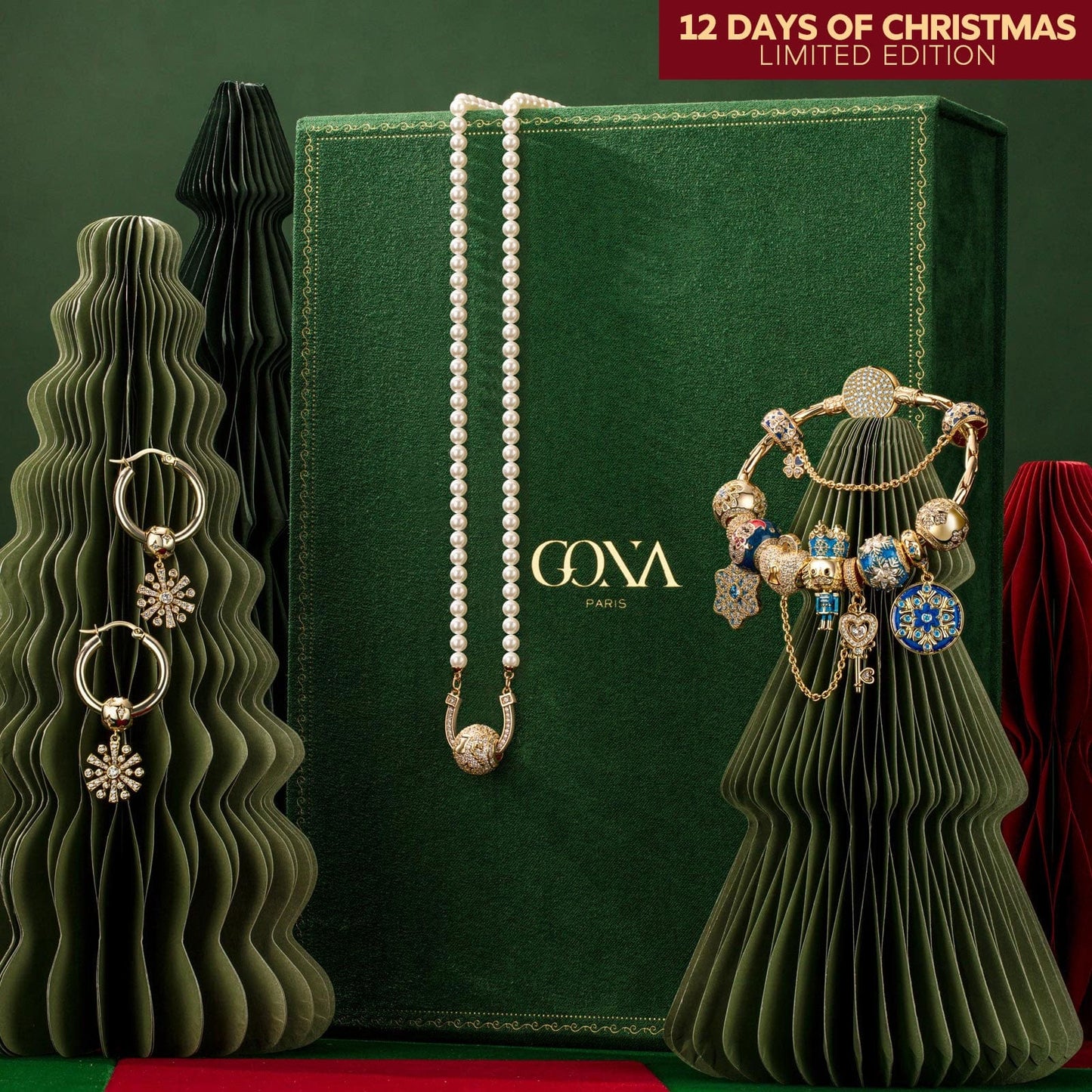 Limited Edition - The Iconic Advent Calendar - 12 Days Of Christmas Fine Jewelry Gift Set: Sterling Silver Snowfall Wonderland Charms Earrings and Necklace and Bracelet Set With Enamel In 14K Gold Plated