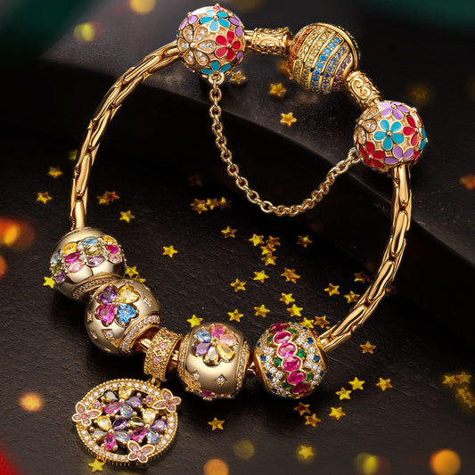 gona- Sterling Silver Dance of Colors Charms Bracelet Set In 14K Gold Plated (Includes bracelet and all charms shown)