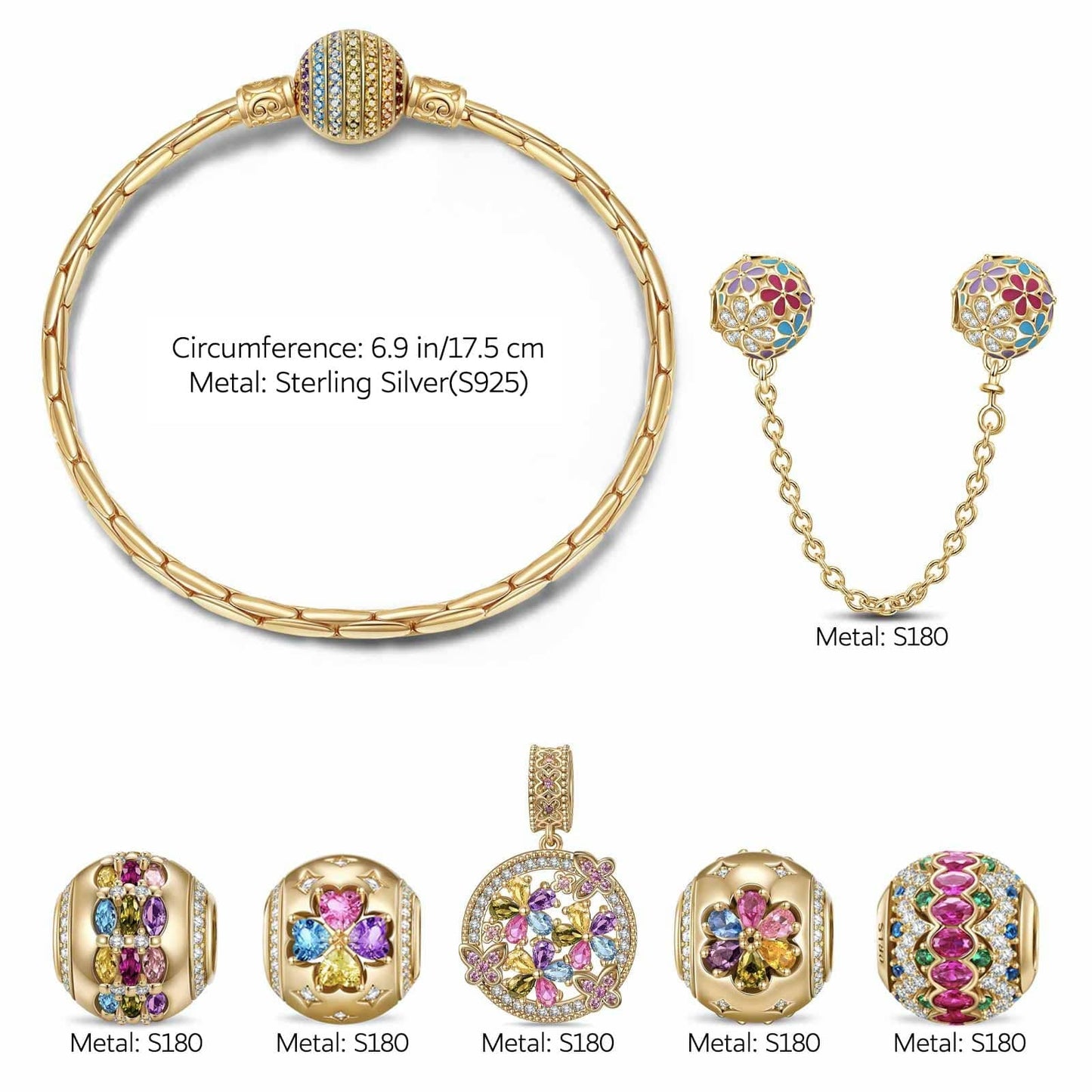 Sterling Silver Dance of Colors Charms Bracelet Set In 14K Gold Plated (Includes bracelet and all charms shown)