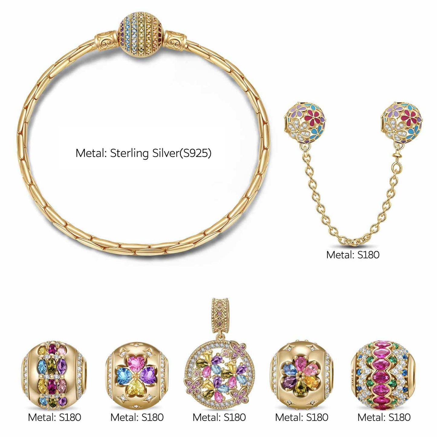 Sterling Silver Dance of Colors Charms Bracelet Set In 14K Gold Plated (Includes bracelet and all charms shown)