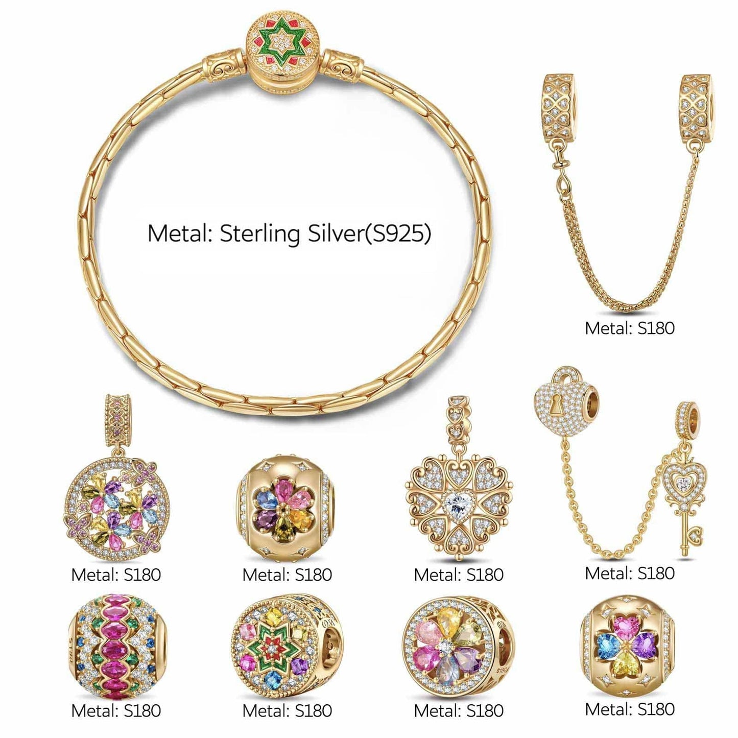 Sterling Silver Opulent Soiree Charms Bracelet Set In 14K Gold Plated (Includes bracelet and all charms shown)