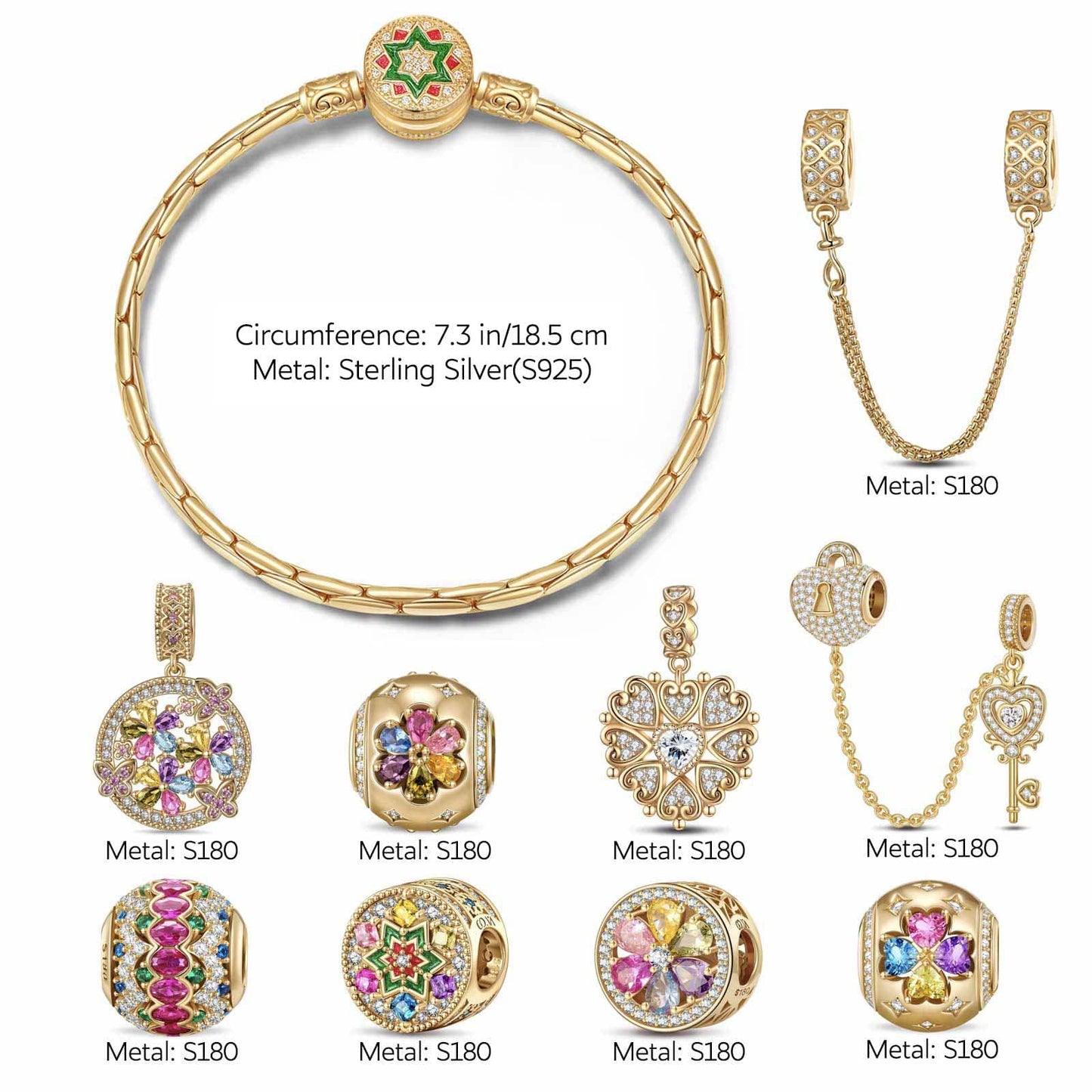 Sterling Silver Opulent Soiree Charms Bracelet Set In 14K Gold Plated (Includes bracelet and all charms shown)