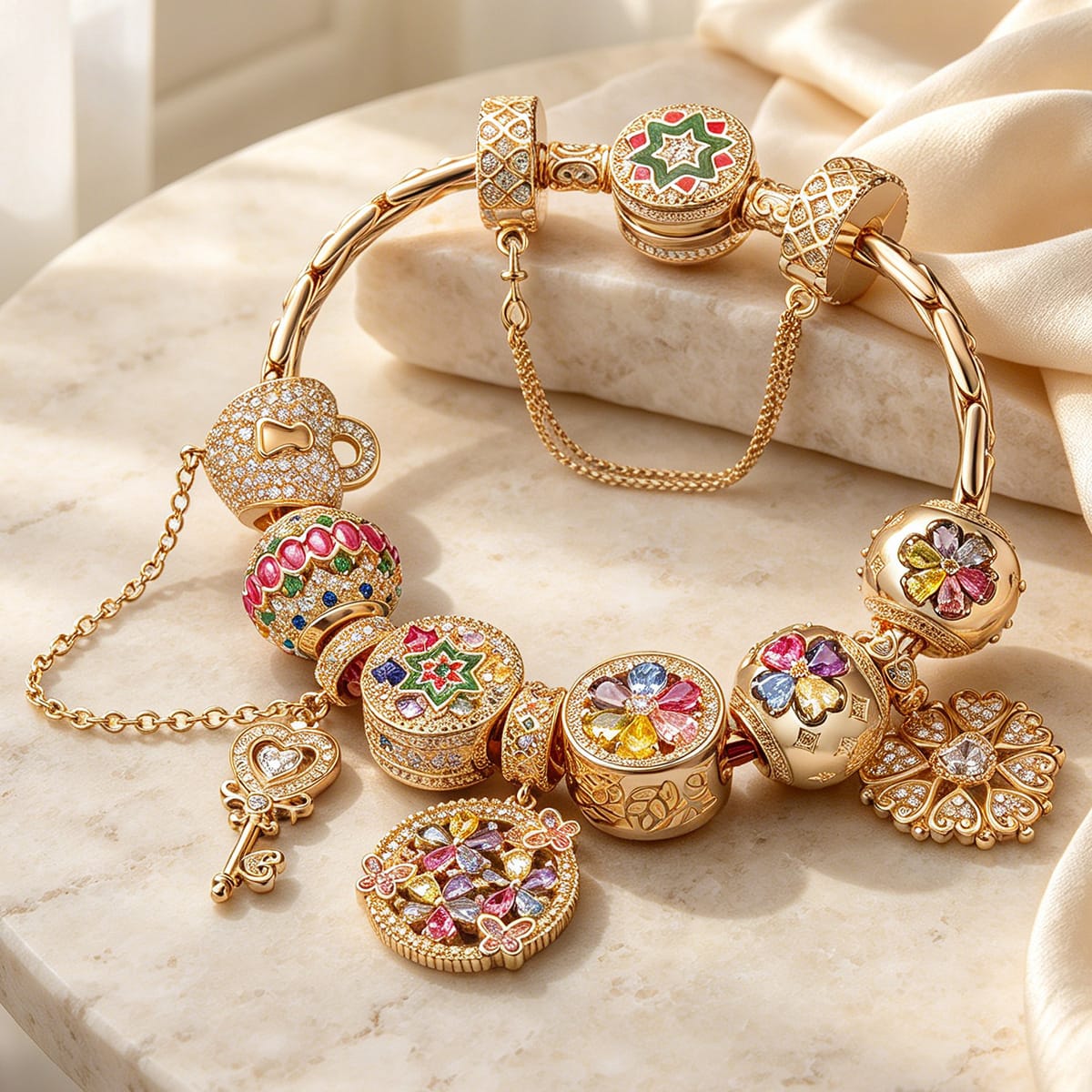 Sterling Silver Opulent Soiree Charms Bracelet Set In 14K Gold Plated (Includes bracelet and all charms shown)