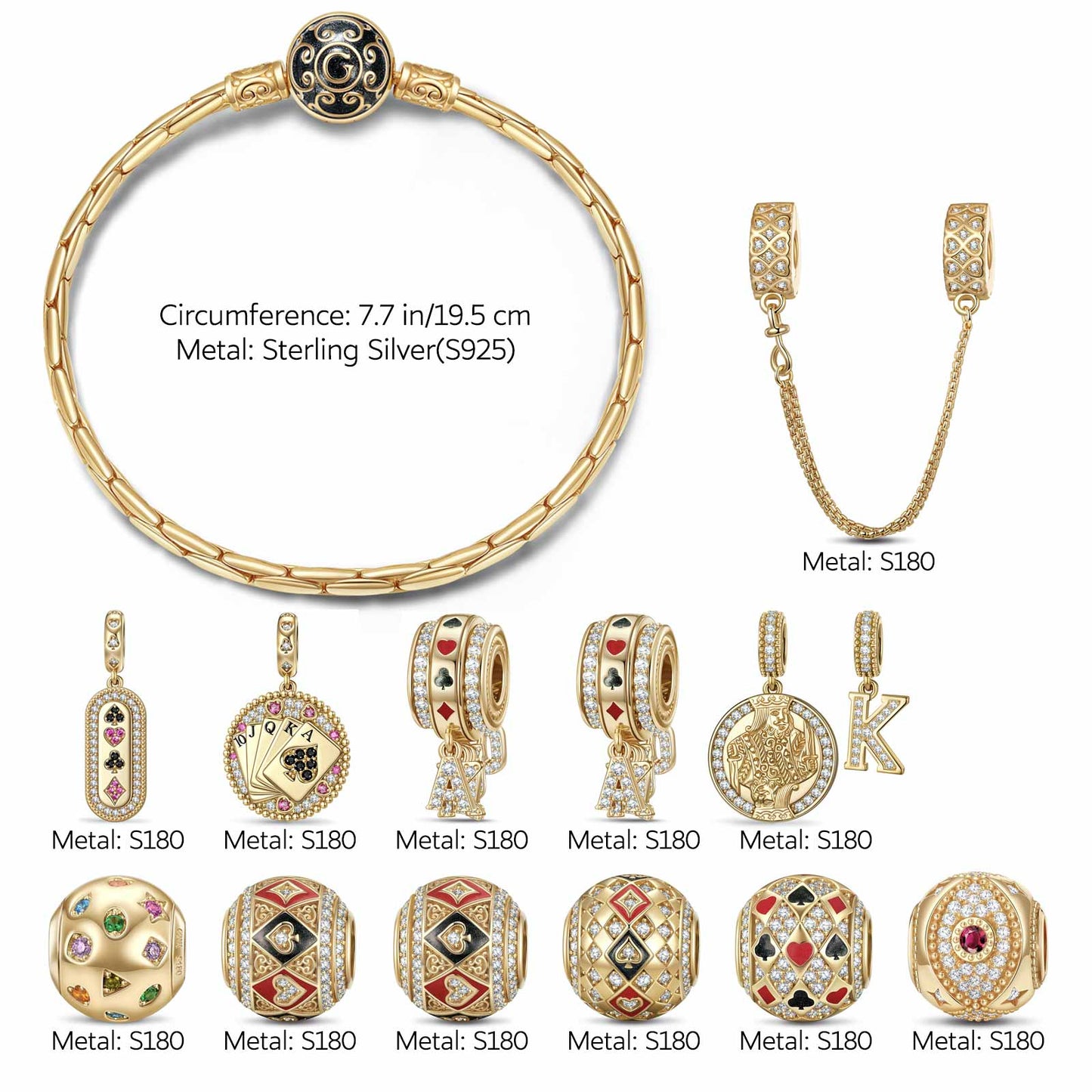 Sterling Silver Destiny's Card Charms Bracelet Set With Enamel In 14K Gold Plated (Includes bracelet and all charms shown)