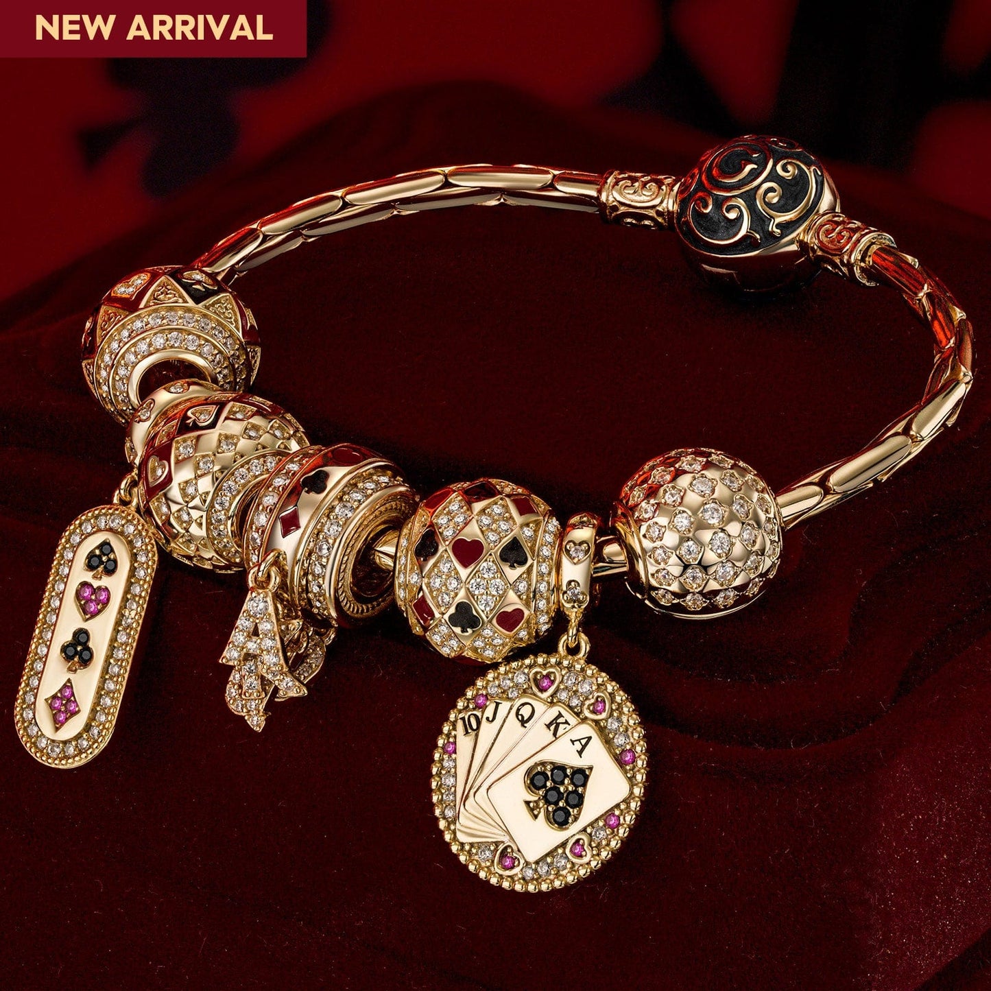 Sterling Silver Winning Fate Charms Bracelet Set With Enamel In 14K Gold Plated (Includes bracelet and all charms shown)