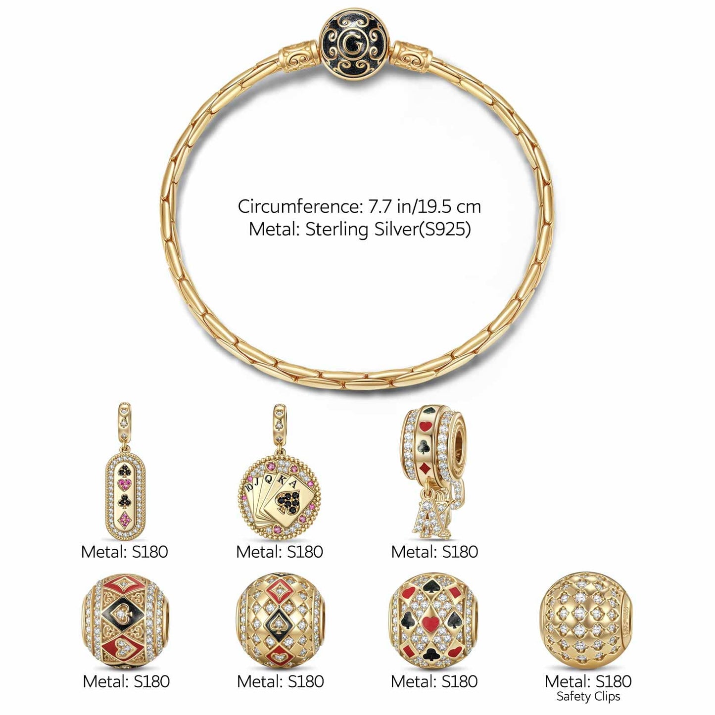 Sterling Silver Winning Fate Charms Bracelet Set With Enamel In 14K Gold Plated (Includes bracelet and all charms shown)